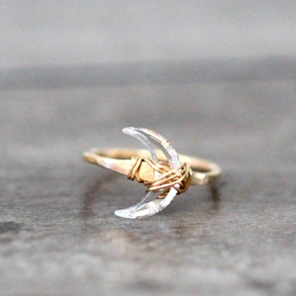 Crystal Quartz Crescent Half Moon 14k Gold Filled Ring Size 5 Handmade - Picture 2 of 2